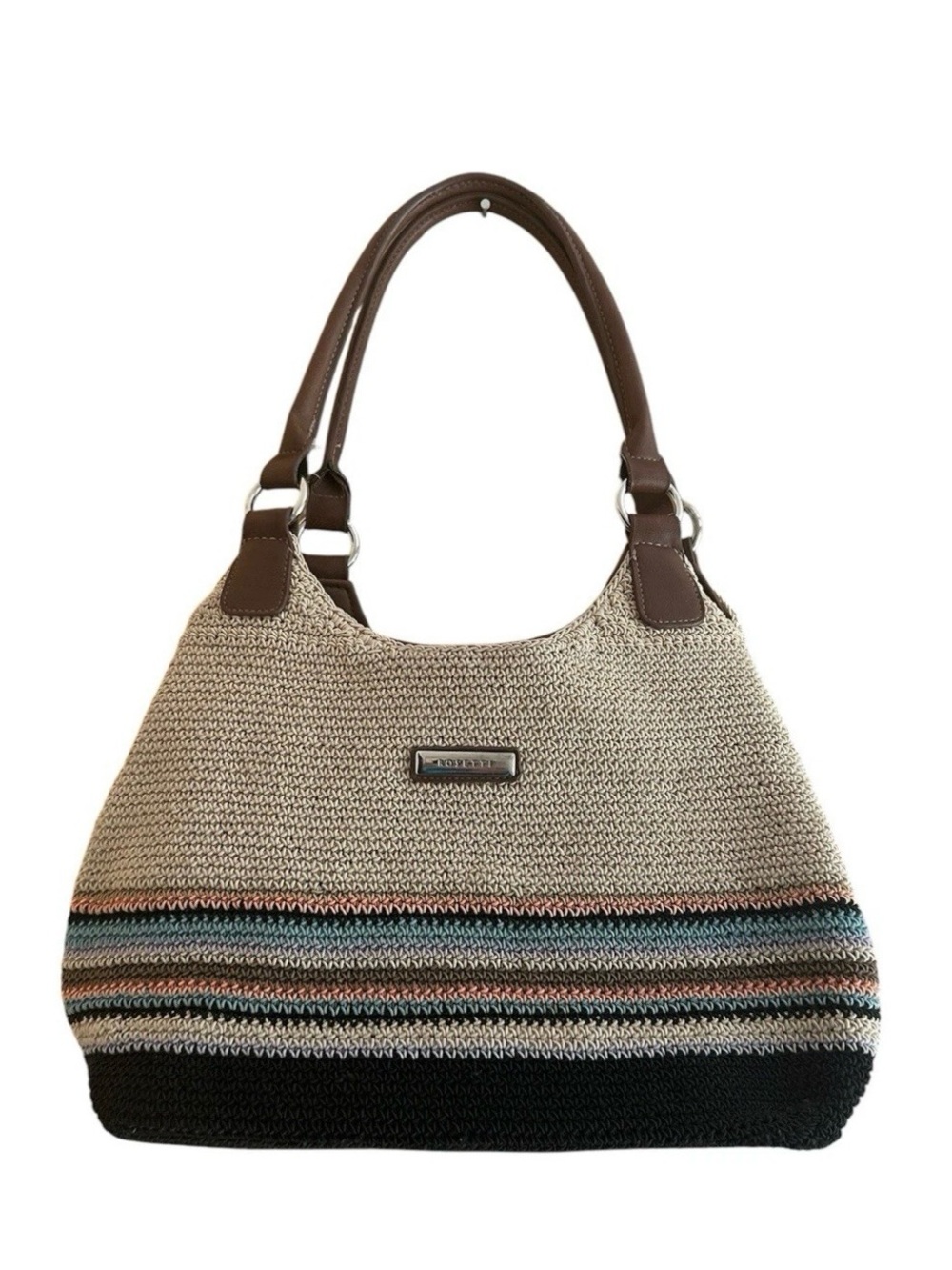 Rosetti Beige Woven Shoulder Bag with Black Base and Brown Handles